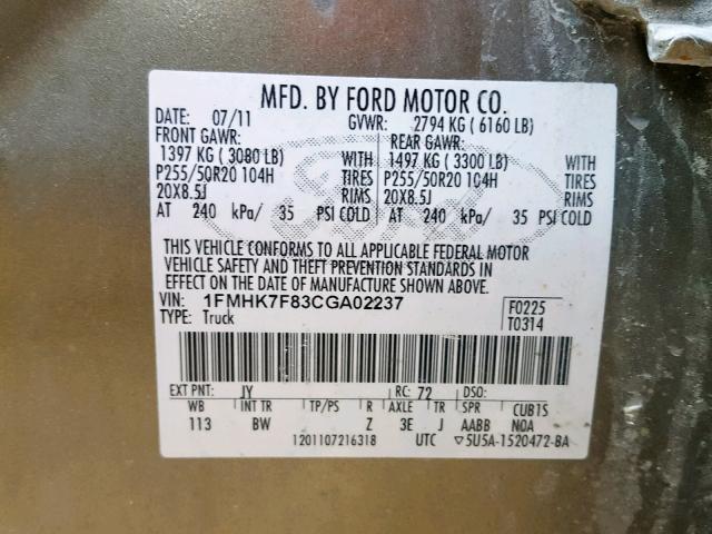 1FMHK7F83CGA02237 - 2012 FORD EXPLORER L GREEN photo 10