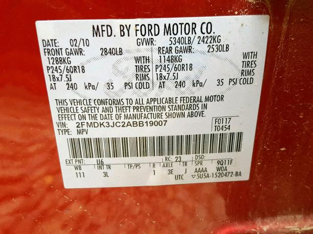 2FMDK3JC2ABB19007 - 2010 FORD EDGE SEL RED photo 10