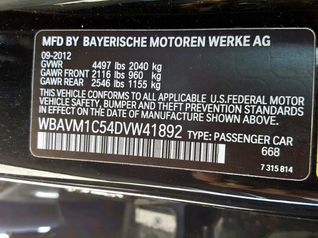 WBAVM1C54DVW41892 - 2013 BMW X1 SDRIVE2 BLACK photo 10