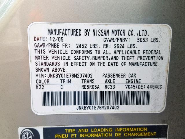 JNKBY01E76M207402 - 2006 INFINITI M45 BASE TAN photo 10