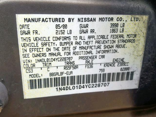 1N4DL01D4YC228707 - 2000 NISSAN ALTIMA XE GOLD photo 10