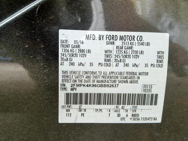 2FMPK4K96GBB92637 - 2016 FORD EDGE TITAN GRAY photo 10