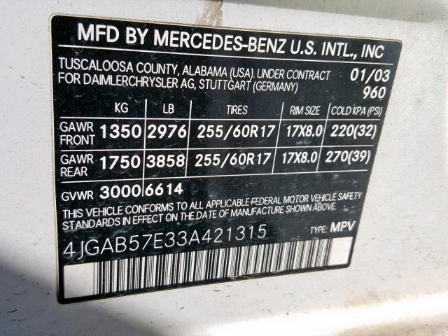 4JGAB57E33A421315 - 2003 MERCEDES-BENZ ML 350 WHITE photo 10