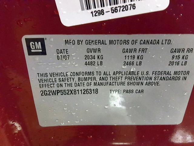 2G2WP552X81126318 - 2008 PONTIAC GRAND PRIX MAROON photo 10