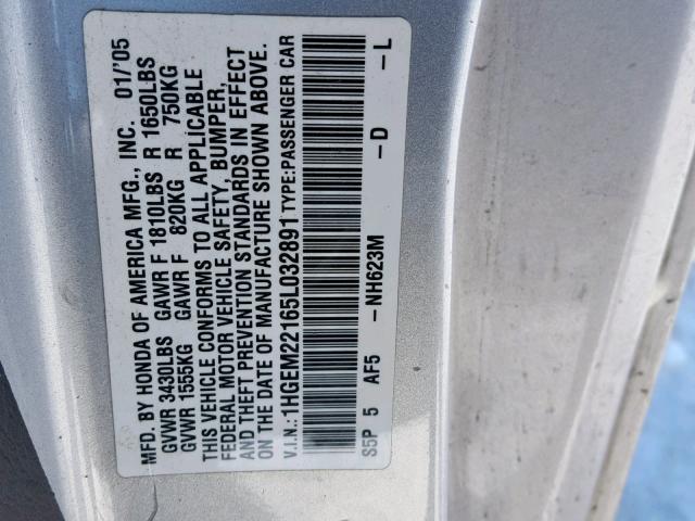 1HGEM22165L032891 - 2005 HONDA CIVIC DX V SILVER photo 10