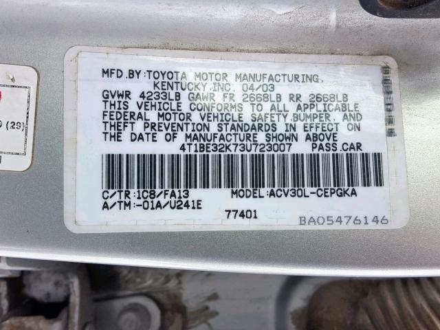 4T1BE32K73U723007 - 2003 TOYOTA CAMRY LE SILVER photo 10