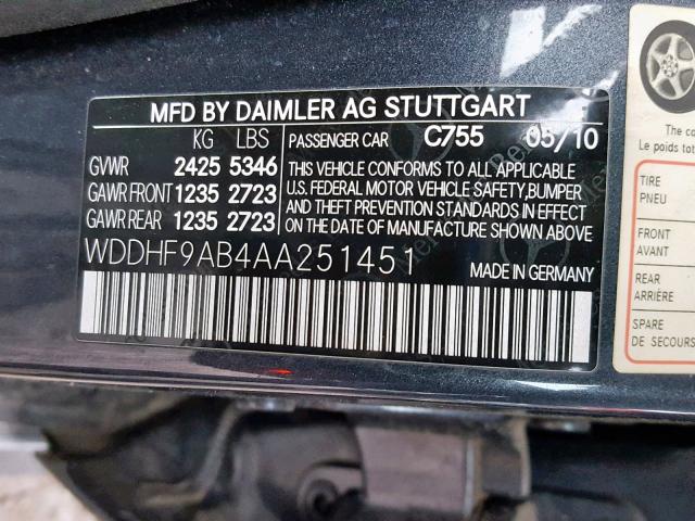 WDDHF9AB4AA251451 - 2010 MERCEDES-BENZ E 550 4MAT BLUE photo 10