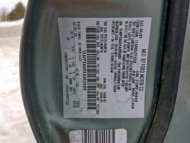 1FAFP56U05A302084 - 2005 FORD TAURUS SEL GREEN photo 10