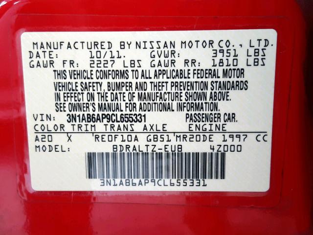 3N1AB6AP9CL655331 - 2012 NISSAN SENTRA 2.0 RED photo 10