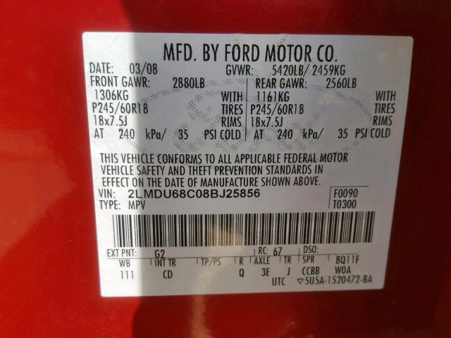 2LMDU68C08BJ25856 - 2008 LINCOLN MKX RED photo 10