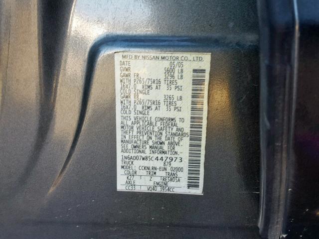 1N6AD07W85C447973 - 2005 NISSAN FRONTIER C GRAY photo 10