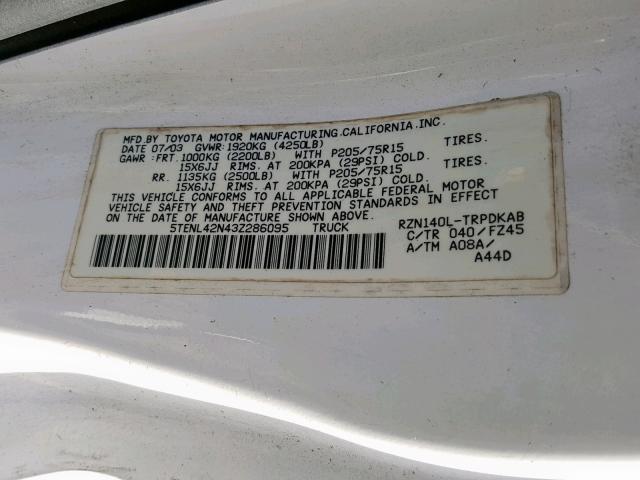 5TENL42N43Z286095 - 2003 TOYOTA TACOMA WHITE photo 10