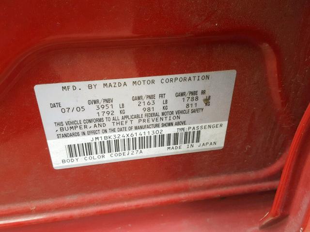 JM1BK324X61411302 - 2006 MAZDA 3 S RED photo 10