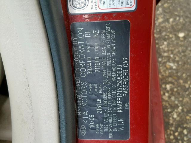 KNAFE121575380633 - 2007 KIA SPECTRA EX RED photo 10