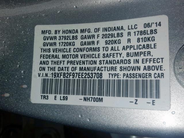 19XFB2F97EE253708 - 2014 HONDA CIVIC EXL SILVER photo 10