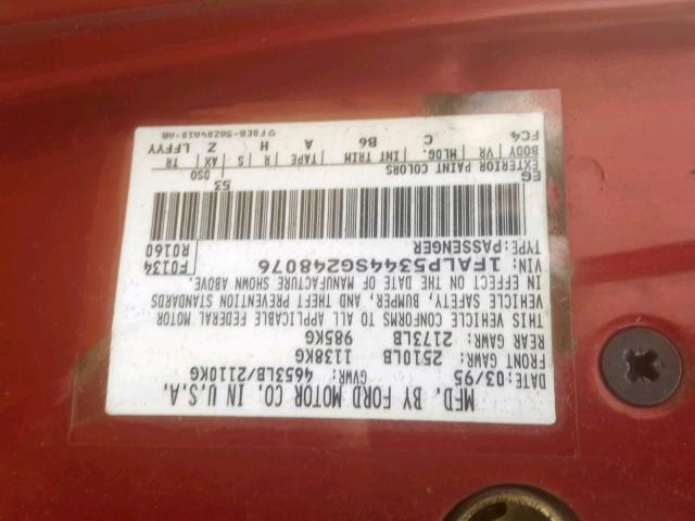 1FALP5344SG248076 - 1995 FORD TAURUS LX RED photo 10