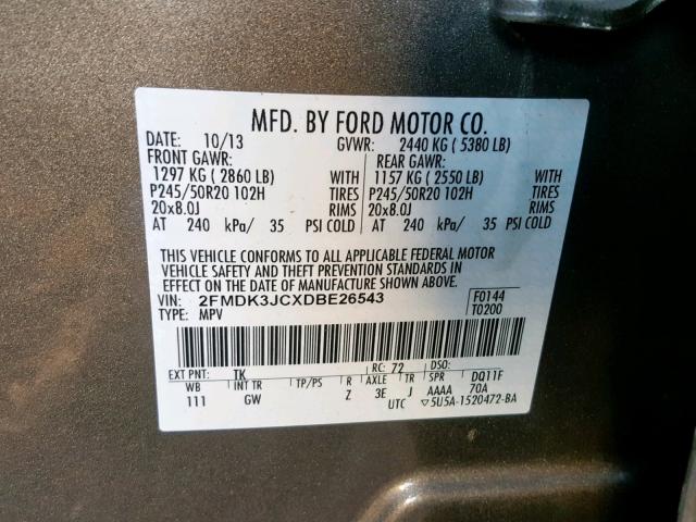 2FMDK3JCXDBE26543 - 2013 FORD EDGE SEL GRAY photo 10