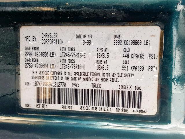 1B7KF2363WJ212770 - 1998 DODGE RAM 2500 GREEN photo 10