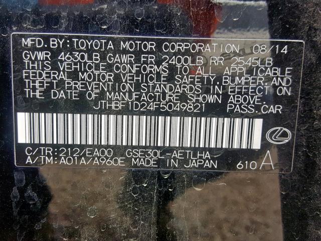 JTHBF1D24F5049821 - 2015 LEXUS IS 250 BLACK photo 10