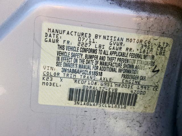 3N1AB6AP5CL618518 - 2012 NISSAN SENTRA 2.0 SILVER photo 10