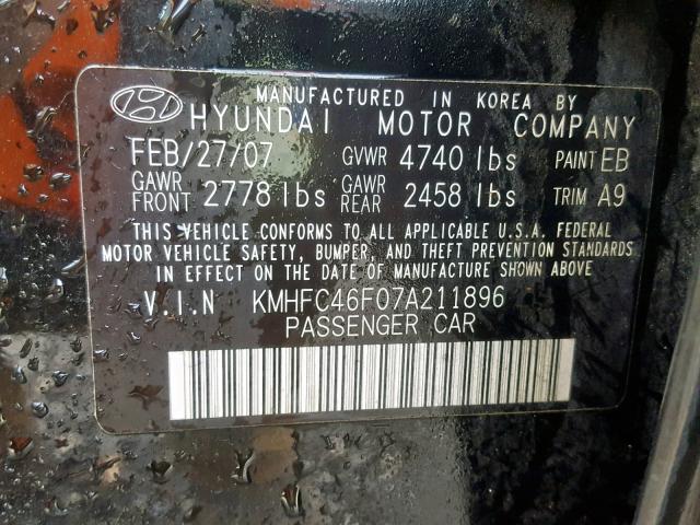 KMHFC46F07A211896 - 2007 HYUNDAI AZERA SE BLACK photo 10