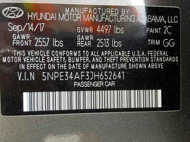 5NPE34AF3JH652641 - 2018 HYUNDAI SONATA SPO GRAY photo 10