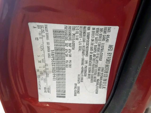 1FAFP552X1G239941 - 2001 FORD TAURUS SES RED photo 10