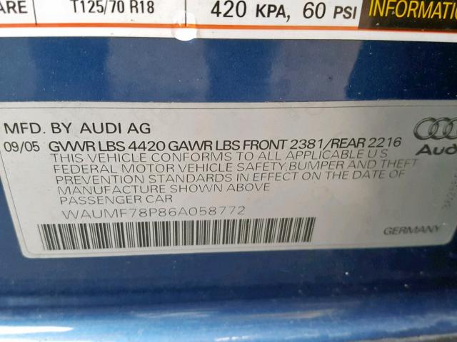 WAUMF78P86A058772 - 2006 AUDI A3 2.0 SPO BLUE photo 10