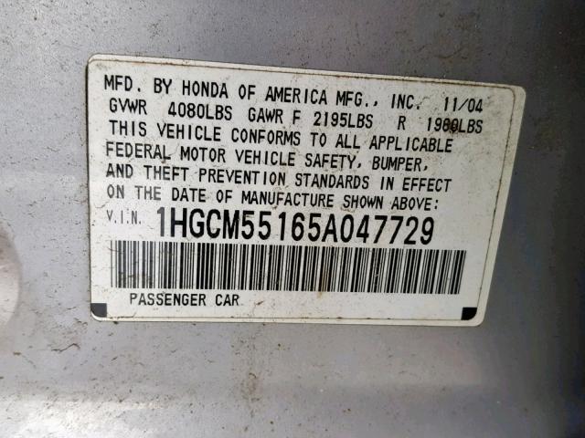 1HGCM55165A047729 - 2005 HONDA ACCORD DX SILVER photo 10