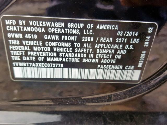 1VWBT7A3XEC072778 - 2014 VOLKSWAGEN PASSAT SE BLACK photo 10