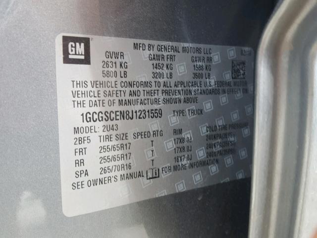 1GCGSCEN8J1231559 - 2018 CHEVROLET COLORADO L SILVER photo 10