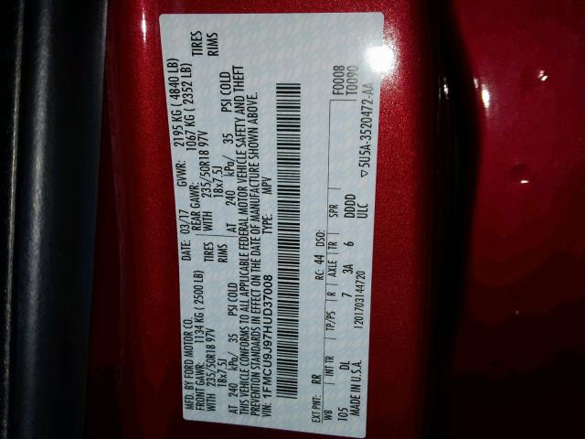 1FMCU9J97HUD37008 - 2017 FORD ESCAPE TIT RED photo 10