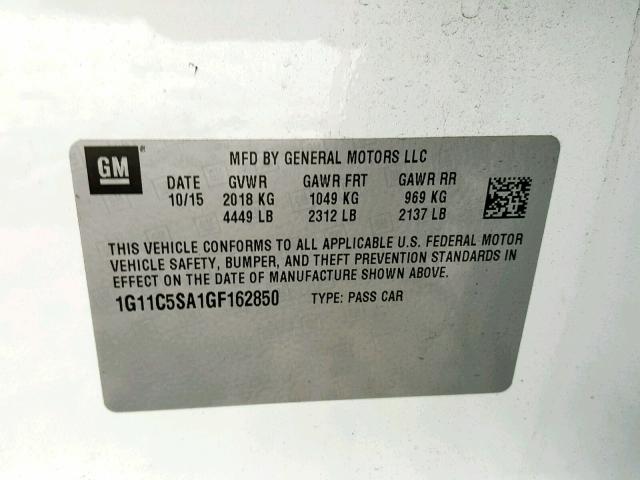 1G11C5SA1GF162850 - 2016 CHEVROLET MALIBU LIM WHITE photo 10