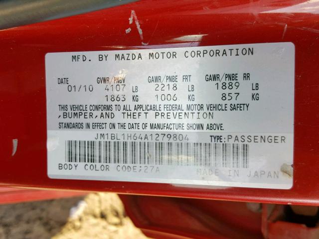 JM1BL1H64A1279804 - 2010 MAZDA 3 S RED photo 10