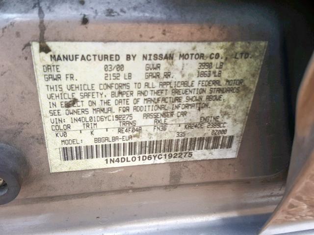 1N4DL01D6YC192275 - 2000 NISSAN ALTIMA XE GRAY photo 10