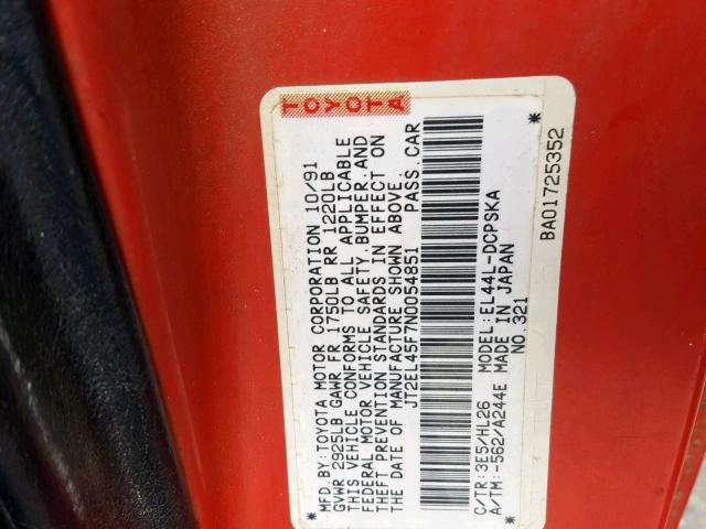 JT2EL45F7N0054851 - 1992 TOYOTA PASEO RED photo 10