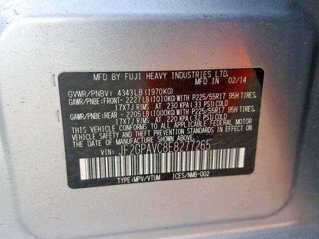 JF2GPAVC8E8277265 - 2014 SUBARU XV CROSSTR SILVER photo 10