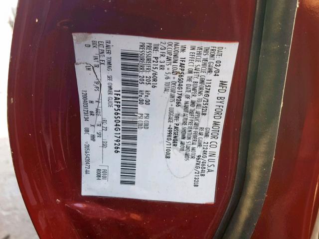 1FAFP56S04G179266 - 2004 FORD TAURUS SEL BURGUNDY photo 10