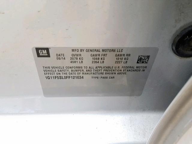 1G11F5SL0FF121634 - 2015 CHEVROLET MALIBU LTZ ვერცხლისფერი ფოტო 10