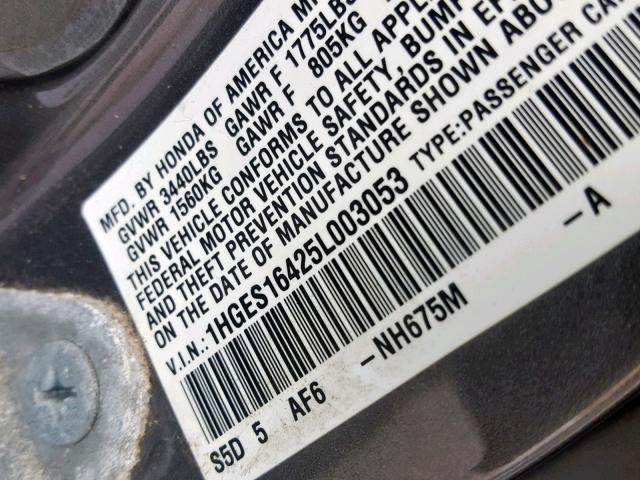 1HGES16425L003053 - 2005 HONDA CIVIC DX GRAY photo 10