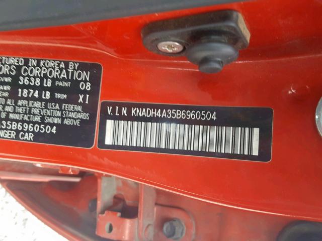 KNADH4A35B6960504 - 2011 KIA RIO BASE RED photo 10