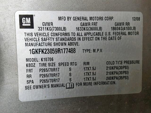 1GKFK23059R177488 - 2009 GMC YUKON SLE GRAY photo 10