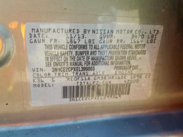 3N1CE2CPXEL399869 - 2014 NISSAN VERSA NOTE GRAY photo 10