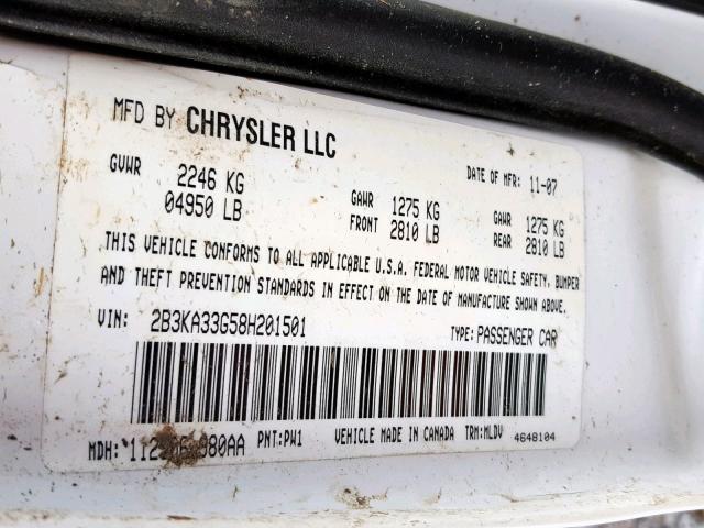 2B3KA33G58H201501 - 2008 DODGE CHARGER SX WHITE photo 10