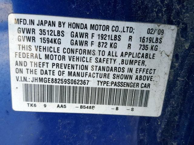 JHMGE88259S062367 - 2009 HONDA FIT BLUE photo 10