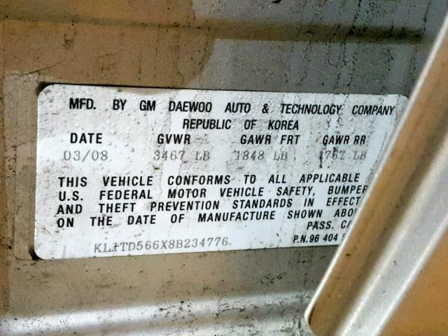 KL1TD566X8B234776 - 2008 CHEVROLET AVEO BASE ვერცხლისფერი ფოტო 10