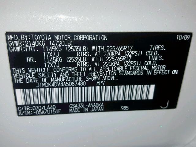 JTMDK4DV4A5087480 - 2010 TOYOTA RAV4 LIMIT WHITE photo 10