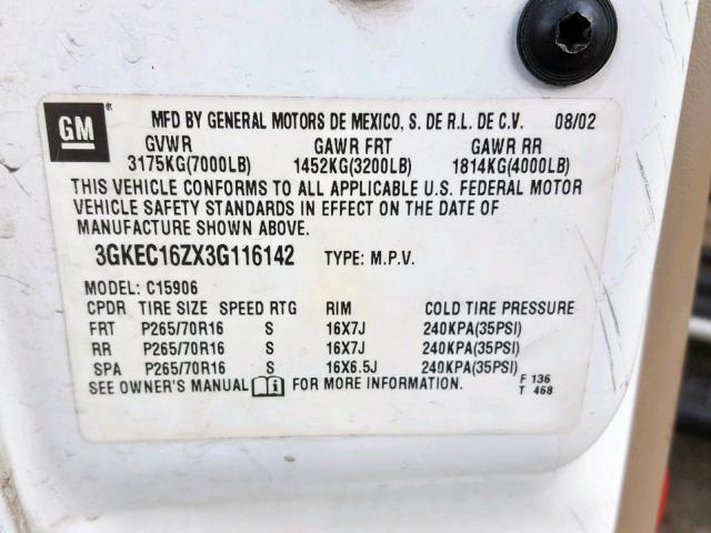 3GKEC16ZX3G116142 - 2003 GMC YUKON XL C WHITE photo 10