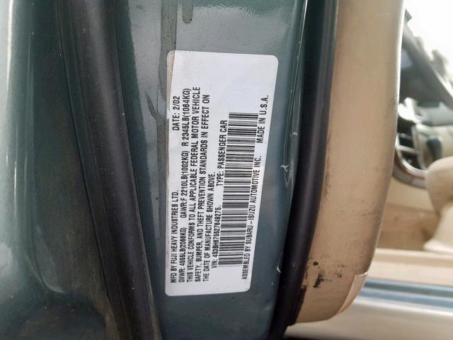 4S3BH675527649275 - 2002 SUBARU LEGACY OUT GREEN photo 10