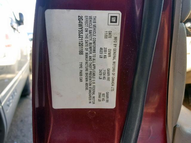 2G4WY55J211201188 - 2001 BUICK CENTURY LI MAROON photo 10